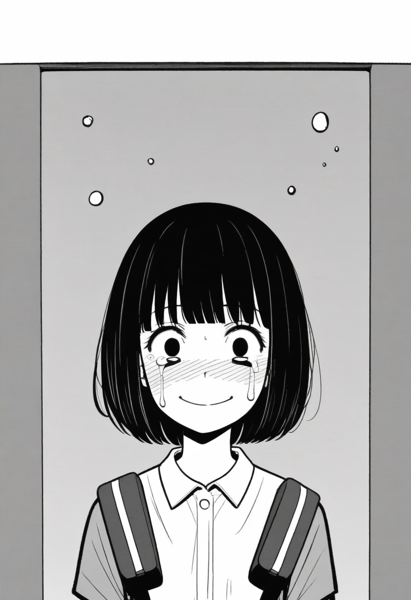 masterpiece, best quality, 1girl, mamerakkkkko, grayscale, manga style, japanese, chi no wadachi, black eyes, street, iced, black hair, schoolbag, smile, lineart, white background, white shirt, grey shorts, centered, 18 years old, tall, fair skinned, bokeh background, crying, tears, straight-on, tears streaming, bob cut, loser, failure, failed