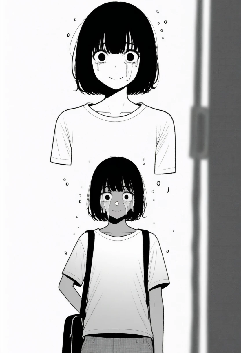 masterpiece, best quality, 1girl, mamerakkkkko, grayscale, manga style, japanese, chi no wadachi, black eyes, street, iced, black hair, schoolbag, smile, lineart, white background, white shirt, grey shorts, centered, 18 years old, tall, fair skinned, bokeh background, crying, tears, straight-on, tears streaming, bob cut, loser, failure, failed