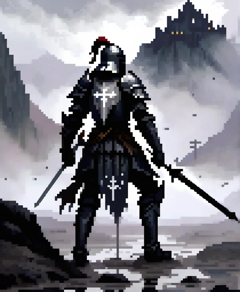 In the midst of a fog-laden battlefield, a valiant gothic black knight clad in battered armor crawls painfully through the mud, arrows protruding from his back. The looming silhouette of a foreboding mountain stands in the distance, shrouded in mist and mystery, offering a glimmer of hope amidst the chaos and despair.
