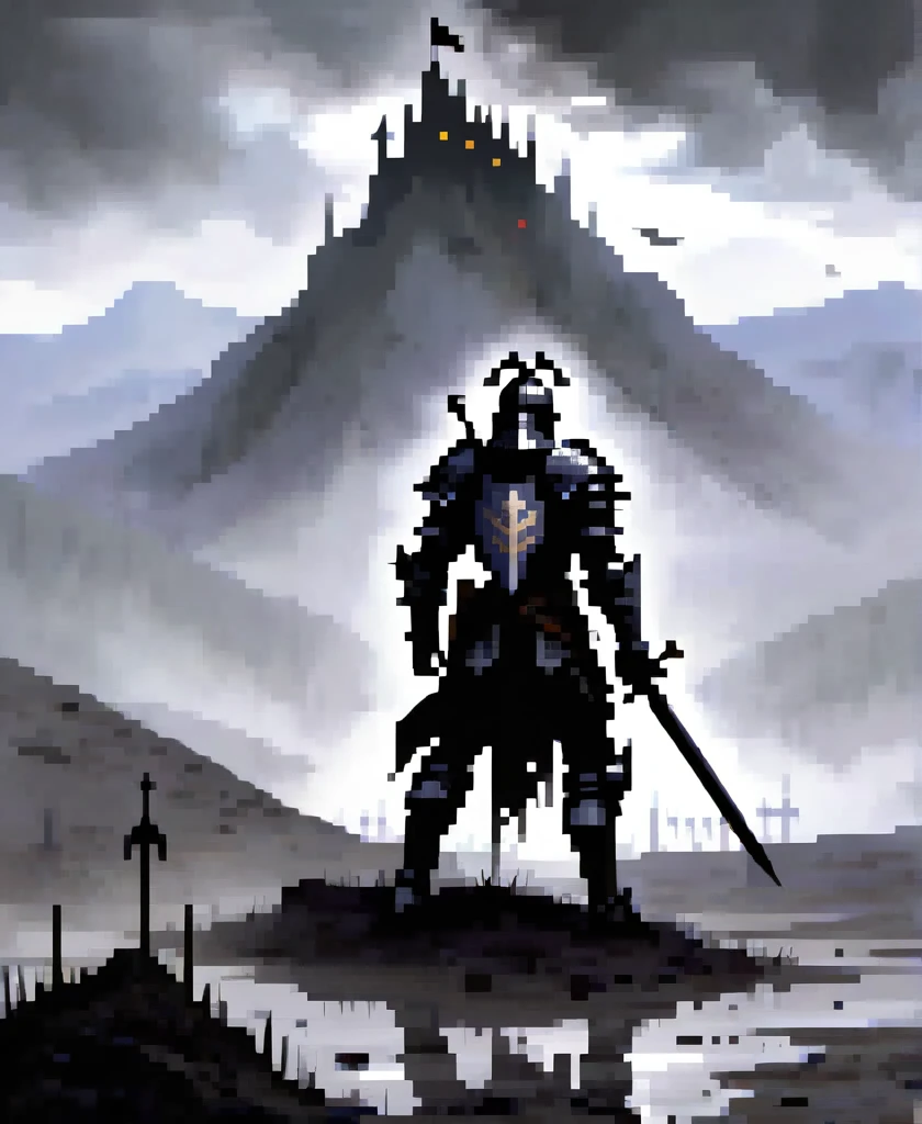 In the midst of a fog-laden battlefield, a valiant gothic black knight clad in battered armor crawls painfully through the mud, arrows protruding from his back. The looming silhouette of a foreboding mountain stands in the distance, shrouded in mist and mystery, offering a glimmer of hope amidst the chaos and despair.