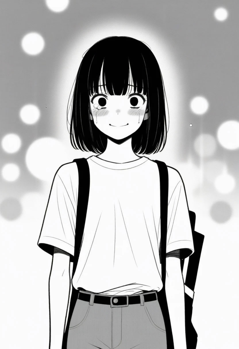 masterpiece, best quality, 1girl, mamerakkkkko, grayscale, manga style, japanese, chi no wadachi, black eyes, street, iced, black hair, schoolbag, smile, lineart, white background, white shirt, grey shorts, centered, 18 years old, tall, fair skinned, bokeh background, crying, tears, straight-on, tears streaming, bob cut
