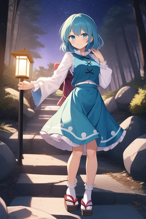 ((best quality)), ((masterpiece)), (detailed), 1girl, Touhou, Tatara Kogasa, medium sized breasts, smiling expression, blue hair, different eye colors, left eye blue color, right eye red color, blue feminine blouse, long sleeves feminine blouse, light blue skirt, long socks, japanese sandals, girl on stone trail, light forest background, girl standing, full body, wide shot