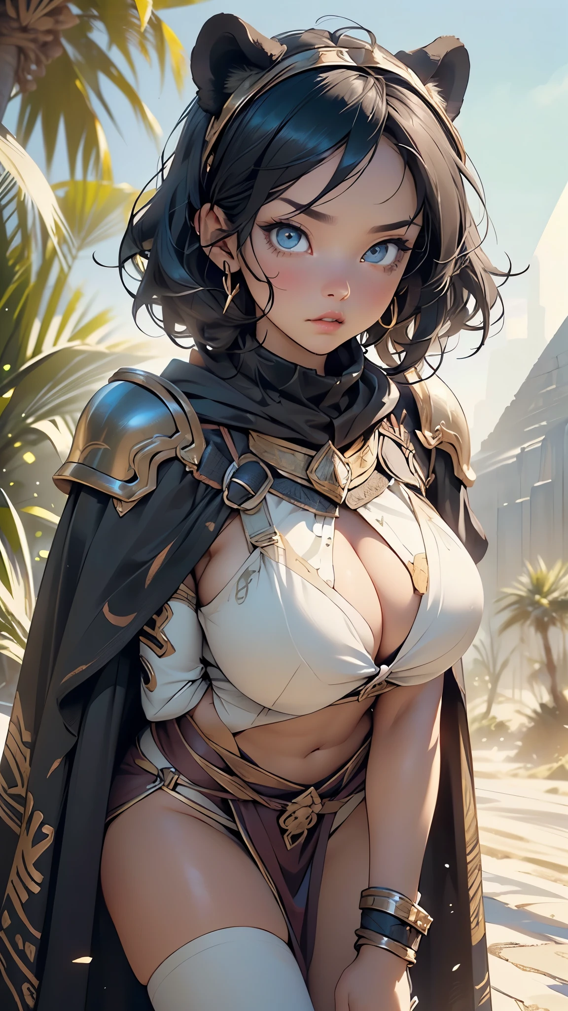 ((oaka_studio)), Bela mulher negra encorpada, 30 anos, Egyptian woman, Egyptian adornments, corpo musculoso e perfeito, ((costas)), head covered with an Egyptian headdress, Dark skin shiny with oil and sweat, guerreira Esfinge com pouca roupa, Tiny old-bodied thong, metallic snake-shaped bra covering only a small part of the large breasts, Egyptian tattoo, arms covered by Egyptian adornments, seios grandes cobertos por faixas de tecido, decote generoso, holding a blood-stained spear, rosto corajoso, reino escuro, pose sexy, andando em um deserto, pyramids in the background