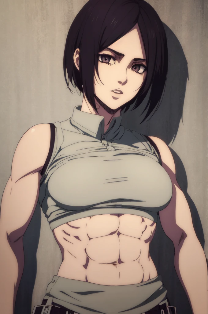 1girl,ultra high details, ultra high auality,(highly detailed face)1.2,(high quality of face)1.3,Mikasa Ackerman,highly detailed abs,perfect female anatomy, best quality of shadows,highly detailed muscles,beautiful face,volume shadows