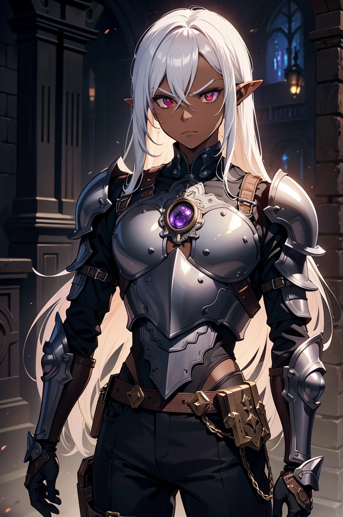 masterpiece, best quality, 8k, ultra high res, dark theme, 1boy, (dungeonpunk armor), (mechanical steampunk armor), (wearing armor), fantasy illustration, dark skinned, human, upper body, portrait, red eyes, perfect eyes, long white hair, half-drow, pointy ears, serious face, young man, dramatic lighting, purple hue, art by Kinema Citrus