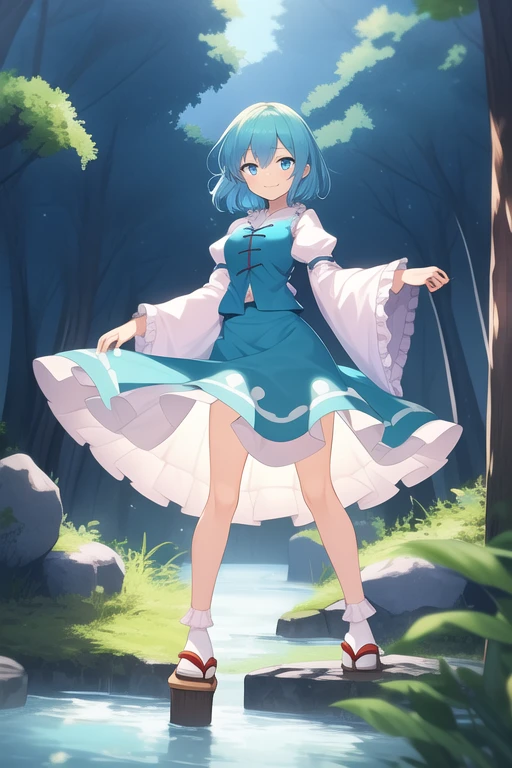 ((best quality)), ((masterpiece)), (detailed), 1girl, Touhou, Tatara Kogasa, medium sized breasts, smiling expression, blue hair, different eye colors, left eye blue color, right eye red color, blue feminine blouse, long sleeves feminine blouse, light blue skirt, long socks, japanese sandals, girl on stone trail, light forest background, girl standing, full body, wide shot