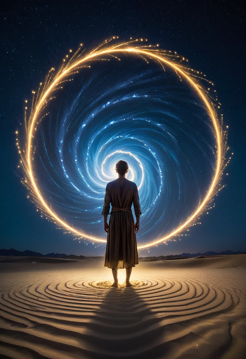 man made of light, standing on sand in desert, inspired by Brooke Shaden, digital art, 8k, illuminated by fireflies, ((fiber optic light painting)), light painting, spiral light ((portal to another world)), parametric art,