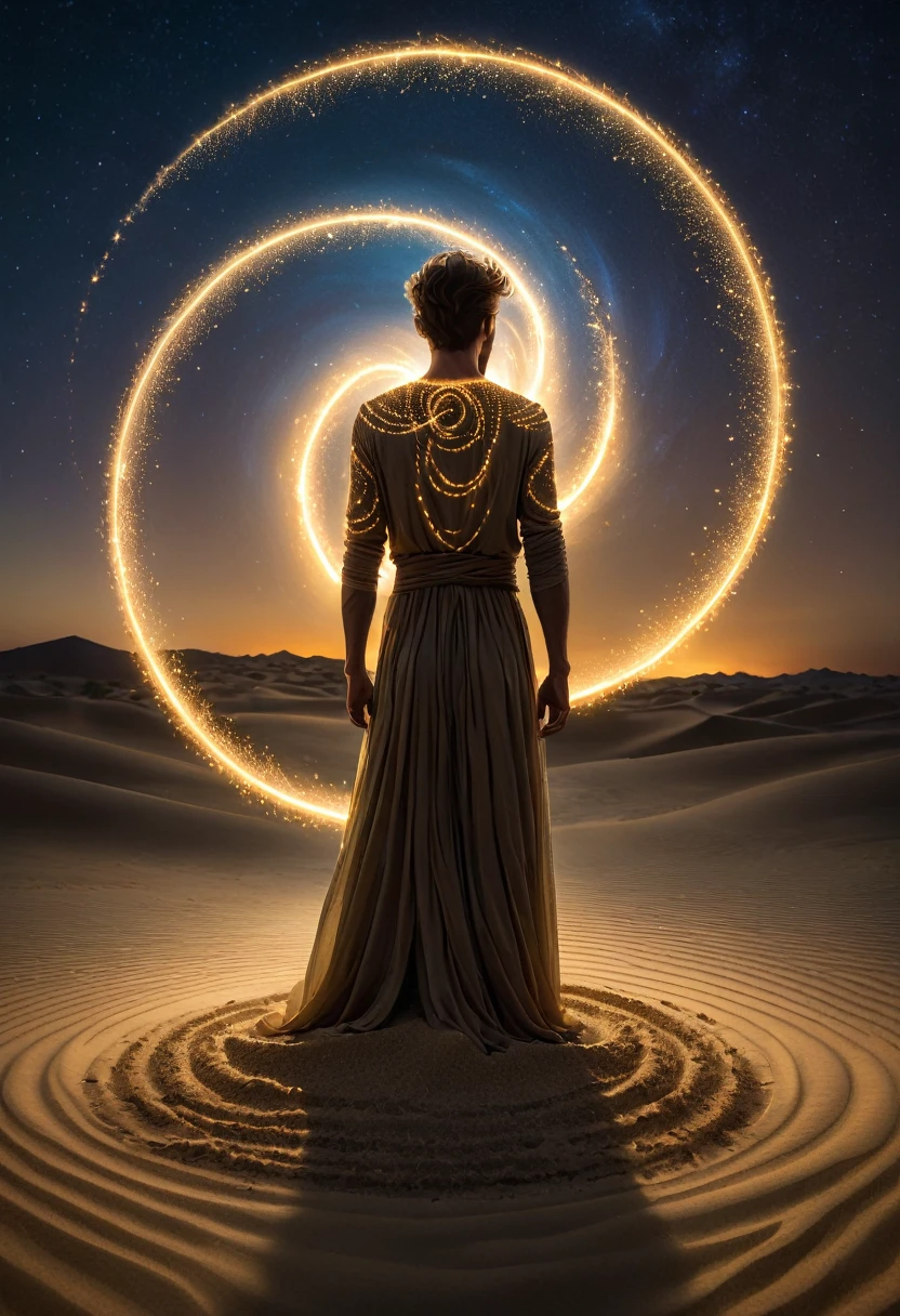 man made of light, standing on sand in desert, inspired by Brooke Shaden, digital art, 8k, illuminated by fireflies, ((fiber optic light painting)), light painting, spiral light ((portal to another world)), parametric art,