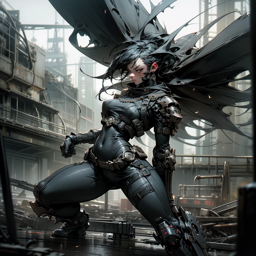 1 girl, solo, attractive body in sexy clothes, gothic, wearing punk attire, destroyed city, in a mortal battle, solo, masterpiece, flawless, no anomalies body, photorealistic, 8k, high quality, dramatic lighting, moody atmosphere, dark colors, gritty urban environment, hyper detailed, cinematic composition, dynamic pose, intense expression