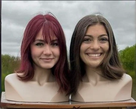 Two mannequin heads on a wooden table.