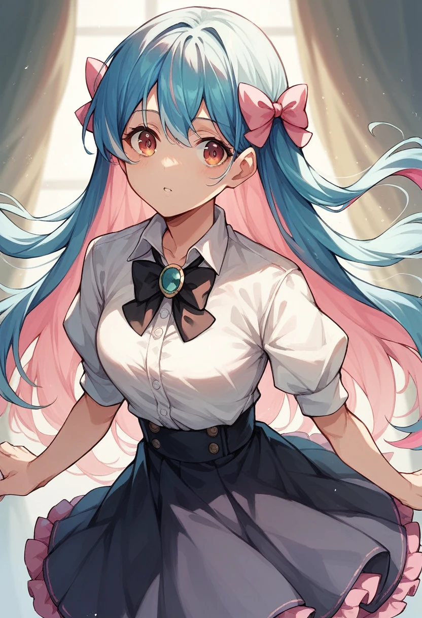 aahinano, long hair, (multicolored hair:1.2), hair bow, collarbone, black bowtie, brooch, white shirt, suspender skirt, frilled skirt, pink bow