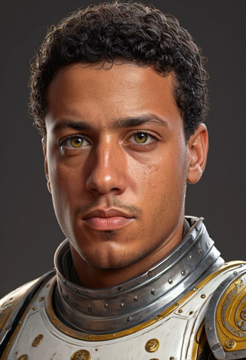 a portrait of a nervous egyptian man in his early 20s with short curly black hair, yellow eyes, very tan skin, and soft features, wearing fine medieval orange and white armor, character portrait by senior character artist, Artstation, fantasy art, stunning character art, fantasy concept art portrait, epic exquisite character art, character portrait art, fantasy character portrait, fantasy male portrait, character concept art portrait, character art portrait, beautiful man, (muted natural colors: 1.3), 1 critical role, human ears, muscular, yellow eyes