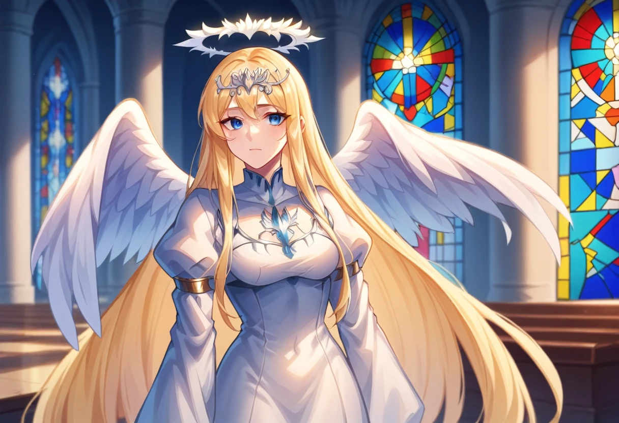 score_9, score_8_up, score_7_up, indoor, in the cathdral, in very big church, day light, stained glass, 
BREAK
source_anime
BREAK
1girl, solo, Calca, Calca Bessarez, blonde hair, (extremely long hair1.5), very long hair, white tiara, white dress, blue eyes, medium chest,extremely long hair, blunt bang, bang, angel wings, very large angel wings, halo 