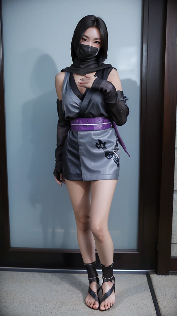 Sexy Female ninja in fishnet wearing short kimono with bare feet and black toe nails exposed showing off boob cleavage 