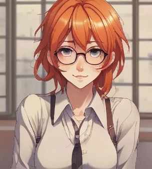 Adult female, ginger, library, glasses, high quality, high detailed