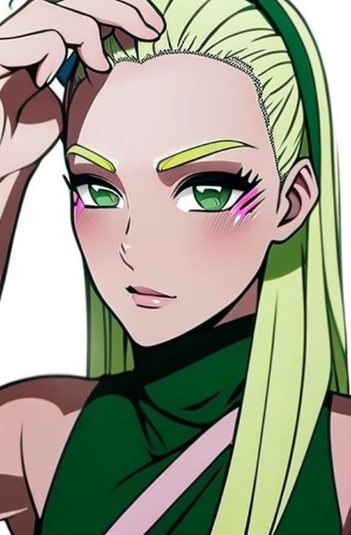 Big, expressive green eyes: Some artists represent it with shades of green that range from jade to emerald..
long blonde hair: It is usually represented as platinum or golden blonde, and often wears it up in a high ponytail.
clear skin: It is usually given a clear and healthy skin tone, typical of a young oriental woman.
Slim and athletic figure: Ino has a slim and toned body, product of his training as a ninja.
pink lips: Sometimes depicted with a slight glow or a natural pink hue..
Fine and arched eyebrows: They add a touch of delicacy to your face.
Small, straight nose: Complements the harmony of your facial features.