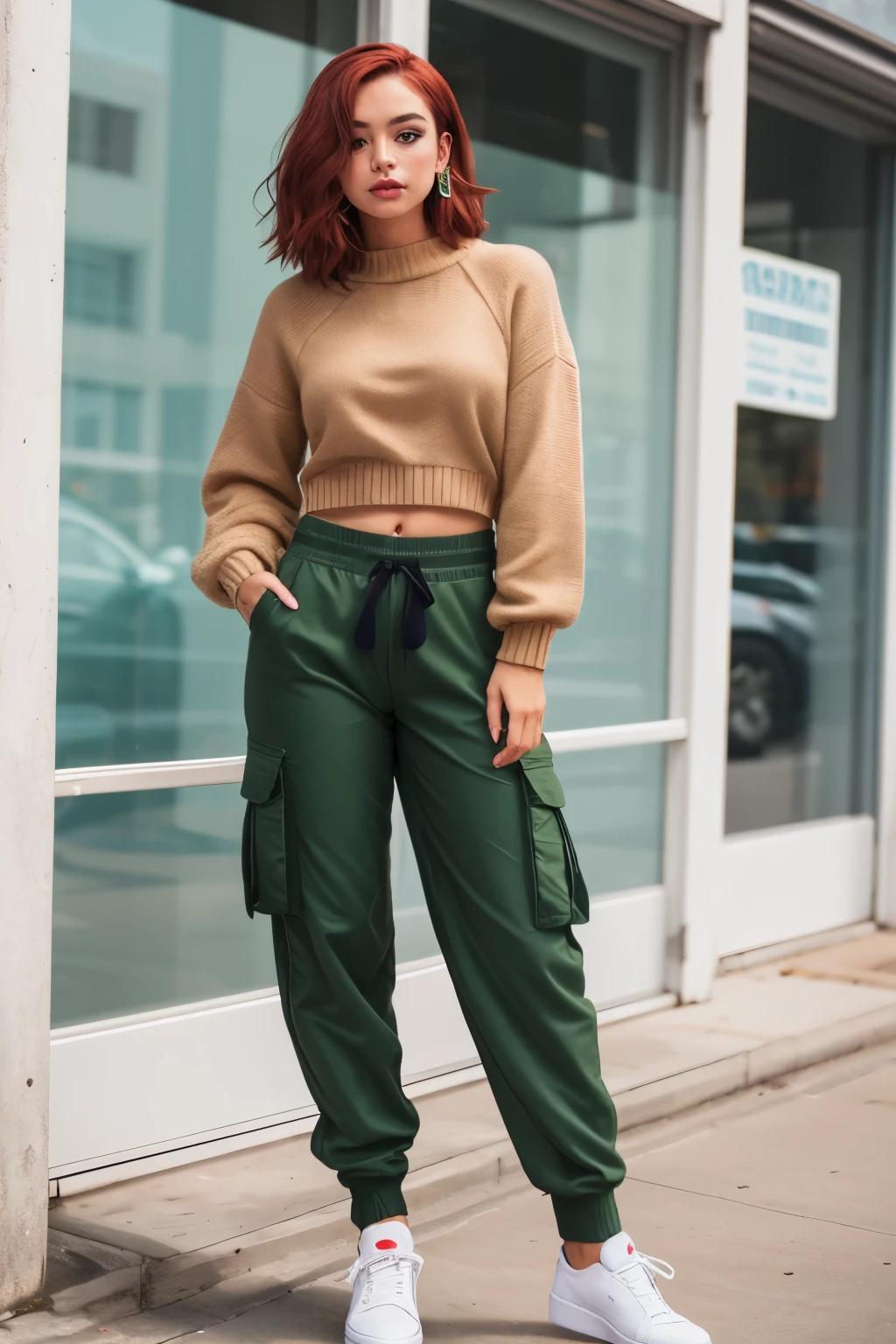 one with 1,63 metros de altura, the lean physique, medium breasted with a defined waist, light red hair, smooth and without bangs, the green eyes, striking and with long eyelashes, white skin with freckles, the average mouth. With slightly baggy black cargo pants, a white sweater and green sneakers on her feet.