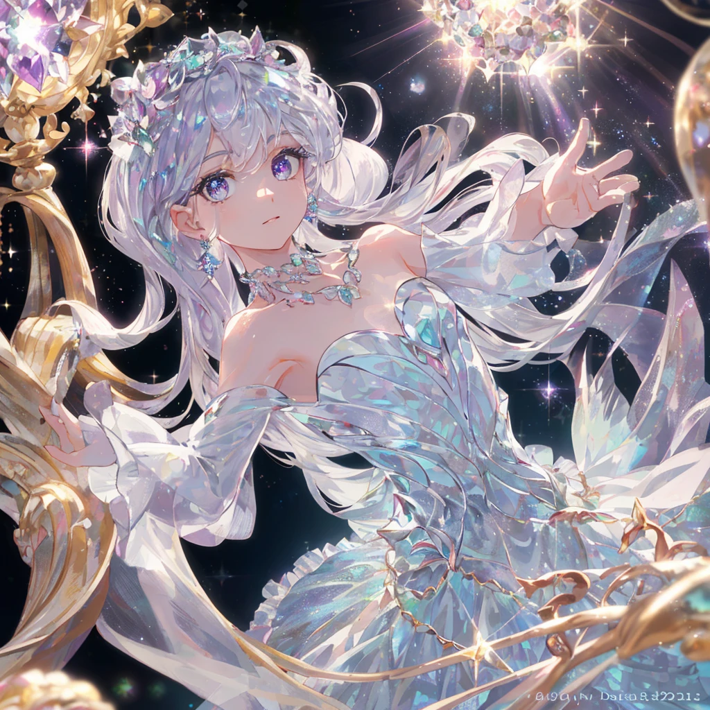 masterpiece, highest quality, figure, alexandrite eyes and hair, platinum earrings, Platinum Necklace, white dress, The Little Mermaid, cute, (dynamic lighting:1.2), cinematic lighting, delicate features, fine eyes, sharp pupils, realistic student, Depth of bounds written, Bokeh, sharp focus, (very detailed, bloom, shine:1.4), Many Small Gems