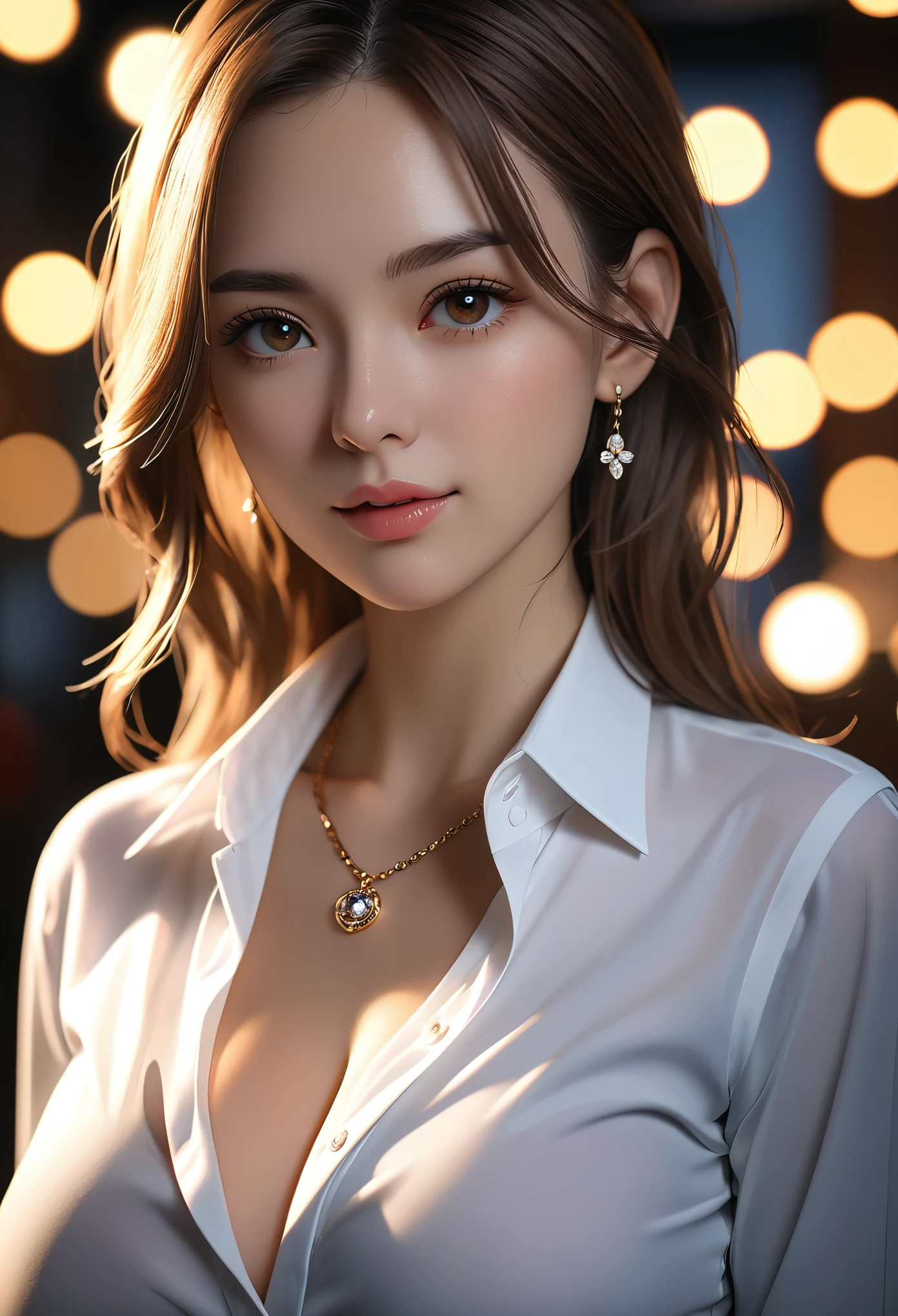 best quality, masterpiece, High resolution, a girl, Mens white collar shirt, necklace, jewelry, pretty face, big breasts, more than_Body, Tyndall effect, lifelike, dark studio, edge lighting, two-tone lighting, (HD skin: 1.2), 8K Ultra HD, SLR camera, soft light, high quality, Volumetric lighting, frank, photography, super high resolution, 8K, Bokeh, shallow depth of field