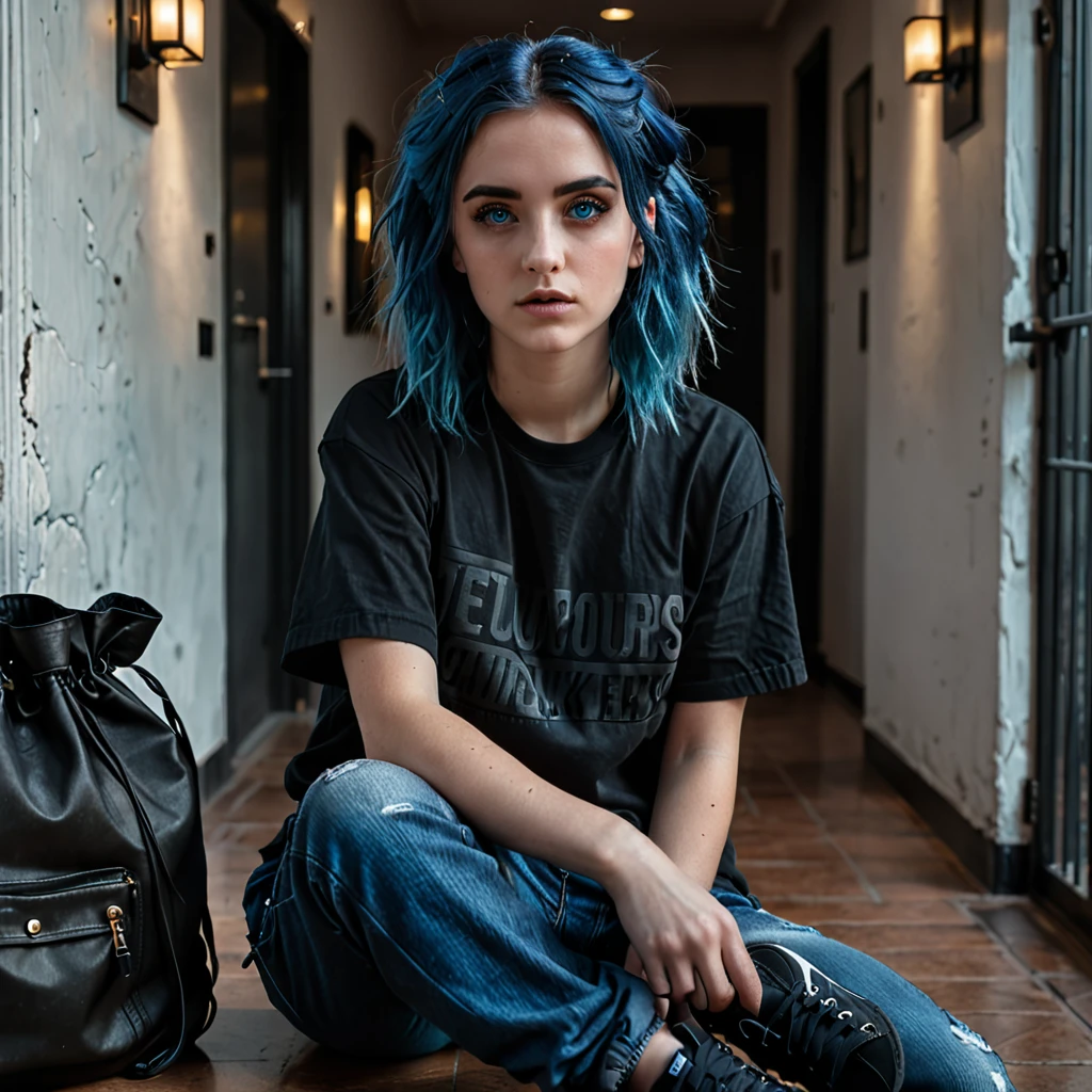 a young woman, blue hair, blue eyes, black t-shirt, black baggy jeans, black sneakers, black makeup, serious expression, detailed eyes, realistic portrait, highly detailed, 8k, photorealistic, chiaroscuro lighting, dramatic lighting, cinematic, moody, emotive