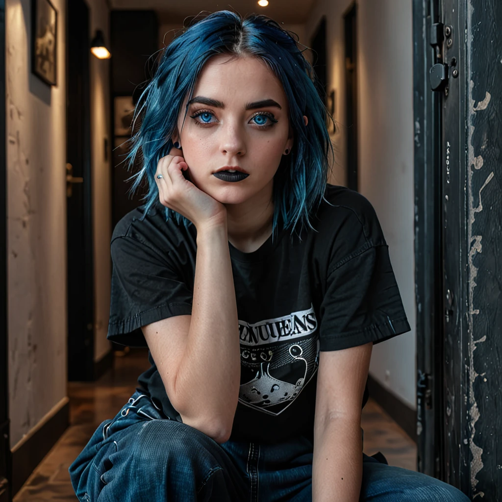 a young woman, blue hair, blue eyes, black t-shirt, black baggy jeans, black sneakers, black makeup, serious expression, detailed eyes, realistic portrait, highly detailed, 8k, photorealistic, chiaroscuro lighting, dramatic lighting, cinematic, moody, emotive
