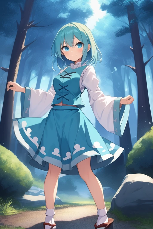((best quality)), ((masterpiece)), (detailed), 1girl, Touhou, Tatara Kogasa, medium sized breasts, smiling expression, blue hair, eyes with different colors, left eye blue color, right eye red color, blue feminine blouse, long sleeves feminine blouse, light blue skirt, long socks, japanese sandals, girl on stone trail, light forest and village background, girl standing, full body, wide shot