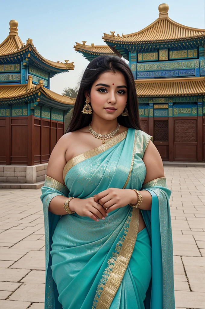 1 Heavenly beautiful and goddess beauty cute and sweet looking face Arabian female in front of Temple of Heaven, China, Heavenly beautiful Overweight, Heavenly beautiful Extremely fat, Heavenly beautiful and attractive Chubby figure , Heavenly beautiful looking and eye catching luxury style Ajrakh Sarees , reaching out, Heavenly beautiful Arabian woman, 16k, High resolution, masterpiece, highest quality, fine skin, outside view, Realistic Photograph, close up face view