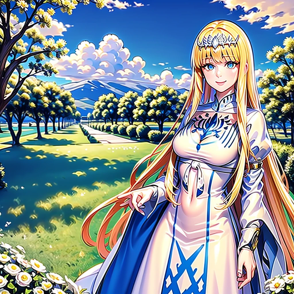 masterpiece, best quality, defingrid, bangs, looking at viewer, smile, garden, blue sky, clouds, upper body, standing, 1girl, solo, Calca, Calca Bessarez, blonde hair, (extremely long hair1.3), very long hair, white tiara, white dress, blue eyes, medium chest,extremely long hair