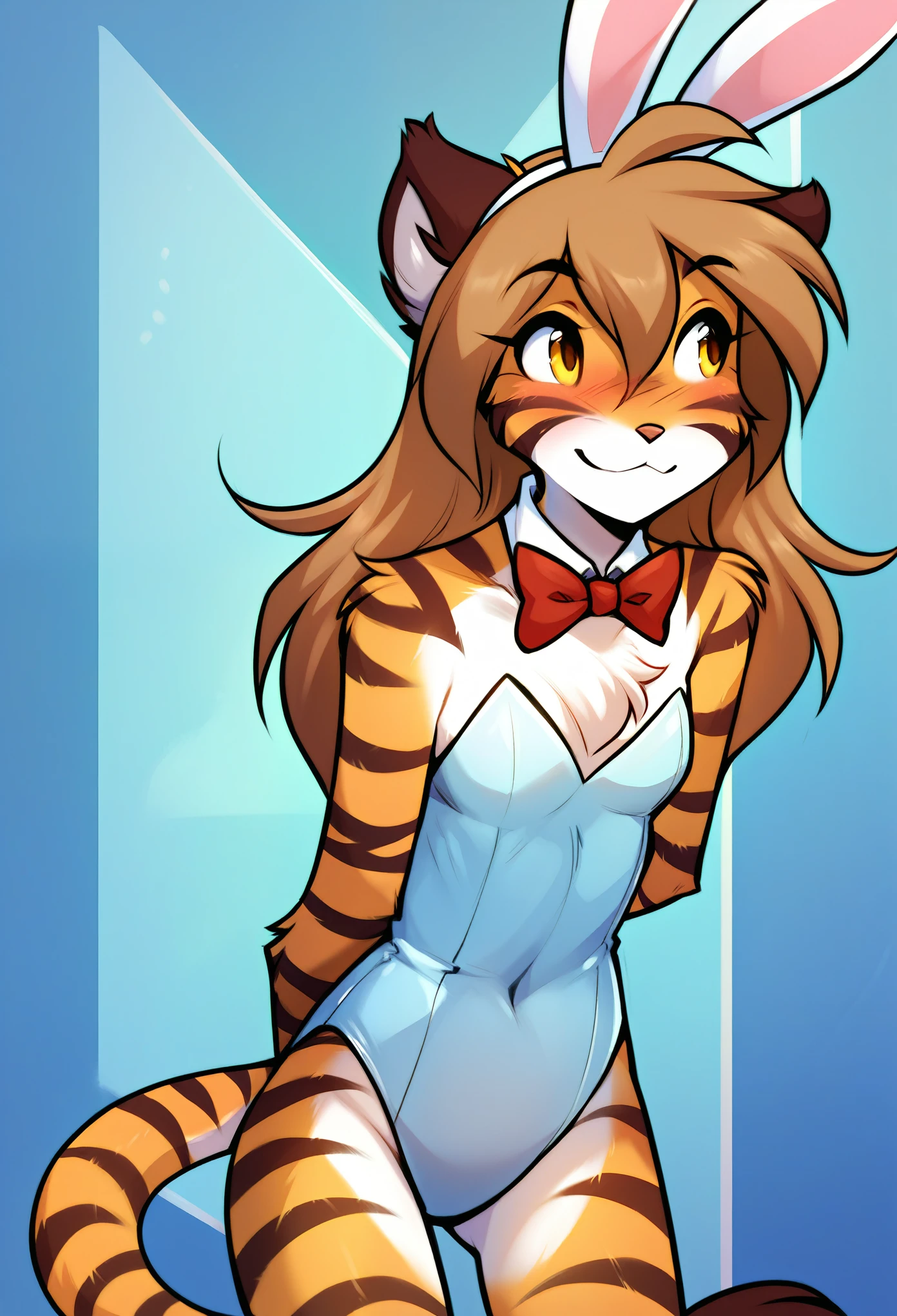 score_9, score_8_up, score_7_up, score_6_up, score_5_up, score_4_up, source_furry, a female anthro fluffy, female, furry, anthro, tkflora, tiger, striped fur, keidran, yellow eyes, solo, small breasts, anthro, (blush, looking away, hands behind back:1.15), light smile, playboy bunny suit, detailed background, front view