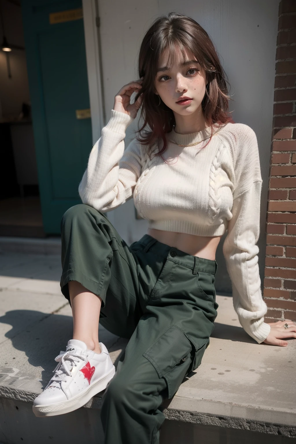 one with 1,63 metros de altura, the lean physique, medium breasted with a defined waist, light red hair, smooth and without bangs, the green eyes, striking and with long eyelashes, white skin with freckles, the average mouth. With slightly baggy black cargo pants, a white sweater and green sneakers on her feet.
