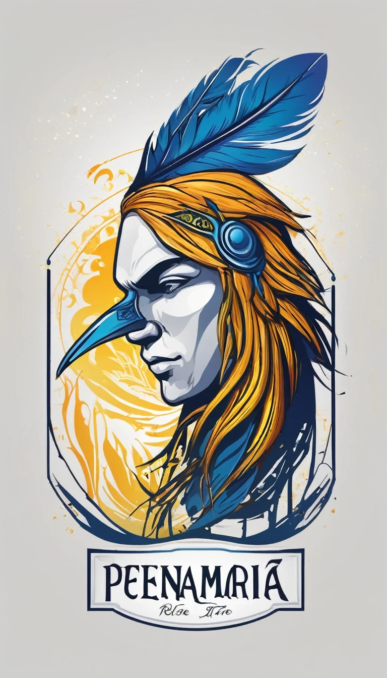 Create a minimalistic, simple, fantastic, easy to understand, logo design of a boy and a feather for an upcoming Fantasy Role Playing Game called " Penamemoria". The game is about a world full of bird and feathers. A boy enters that world and discovers his true artistic identity. Create a logo design that transmits the essence of this videogame. It´s a fantasy game, with fantasy elements. Create the logo in the center and a fantasy theme as background. Use the colours blue, white, yellow in the logo. The logo design must convey a sense of fantasy, dreams and music. Must convey a feeling of being a true Dreamer