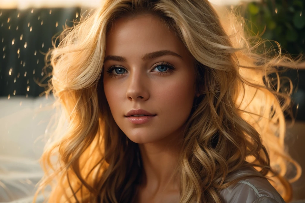 (best quality)), ((masterpiece)), (detailed), realistic blonde american woman with slight curly hair, on her bed with translucent pajamas in a very sexy position and in 4k