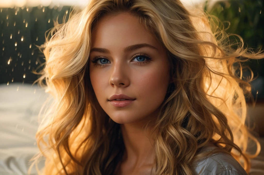 (best quality)), ((masterpiece)), (detailed), realistic blonde american woman with slight curly hair, on her bed with translucent pajamas in a very sexy position and in 4k