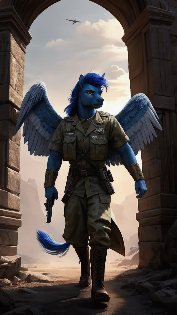 a brave anthro pegasus boy in military uniform and boots, extremely detailed facial features, strong muscular body, heroic pose, cinematic dramatic lighting, epic fantasy, digital painting, intricate details, cinematic composition, highly detailed, 8K, photorealistic, award winning concept art, MLP oc, royal blue fur, red yellow and blue mane and tail, detailed hands and human feet, solo, gun