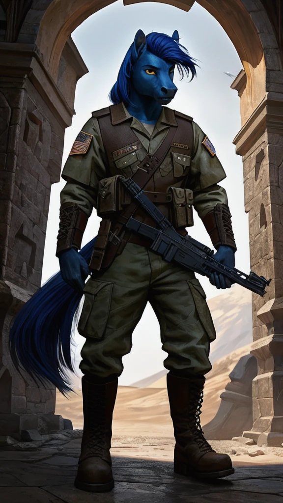 a brave anthro pegasus boy in military uniform and boots, extremely detailed facial features, strong muscular body, heroic pose, cinematic dramatic lighting, epic fantasy, digital painting, intricate details, cinematic composition, highly detailed, 8K, photorealistic, award winning concept art, MLP oc, royal blue fur, red yellow and blue mane and tail, detailed hands and human feet, solo, gun