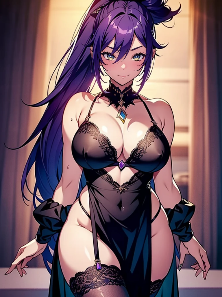 solo, 1girl, 21 year old black girl, black skin, purple hair, high ponytail, stunning, high quality, portrait, 2.5d, anime girl, purple hair with golden streaks, yellow eyes, mole under eye, intricate iris details, character art, close-up, seductive, succubus, sundress, toned waist, slender body, epic, exquisite, close-up, detailed eyes, detailed hair, lace-trimmed panties, blue bra, tanga, seductive pose, artwork, elaborate clothing, intricate details, dramatic lighting