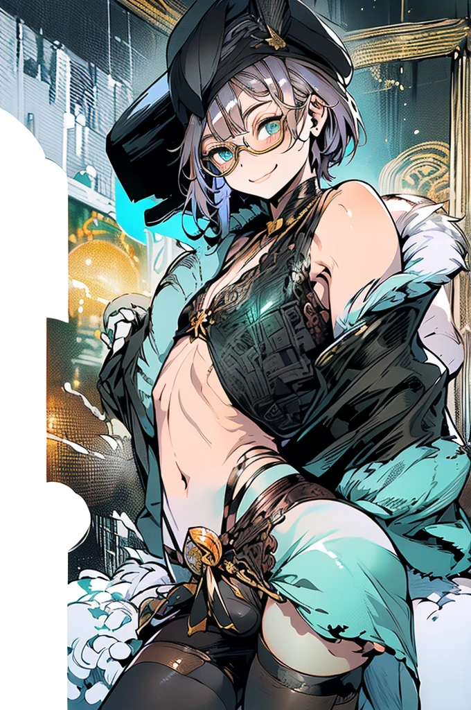 (masterpiece, very high quality, perfect anatomy, erotic, sexy) medieval, fantasy world, 1 man, young, slender, small, thick thighs short silver hair, bangs, sea green eyes (black pirate hat, black vest, shorts short leather, black thong panties) a pirate ship in the background, slutty smile, flushed face, excited expression