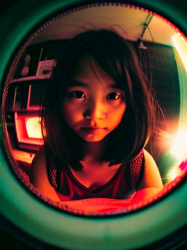 12 years old, watch the viewer, real, one girl, small face, , cowboy shot, (fisheye), narrow and dirty room, cotton panties, Japan old red light district, (((prostitute)), ((night)),