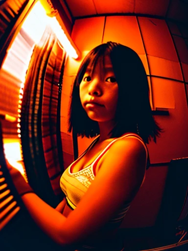 , watch the viewer, real, one girl, small face, , cowboy shot, (fisheye), narrow and dirty room, cotton panties, Japan old red light district, (((prostitute)), ((night)),