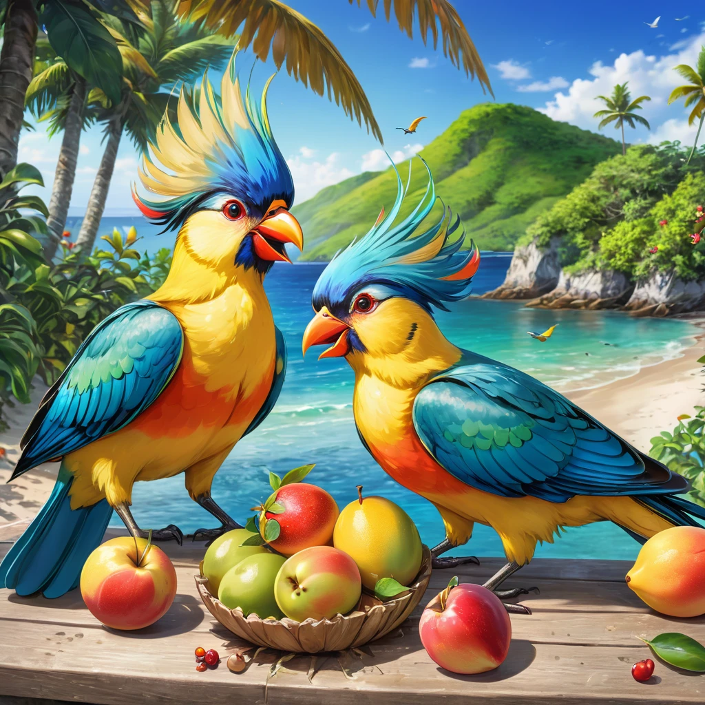 8k HDR High resolution Top quality Beautiful depiction Fresh Colorful birds of the southern island Pecking fruit Seaside