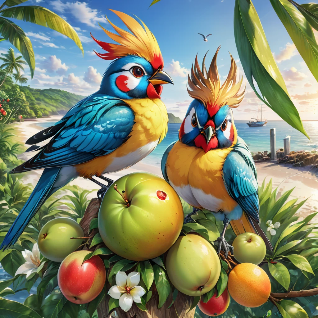 8k HDR High resolution Top quality Beautiful depiction Fresh Colorful birds of the southern island Pecking fruit Seaside