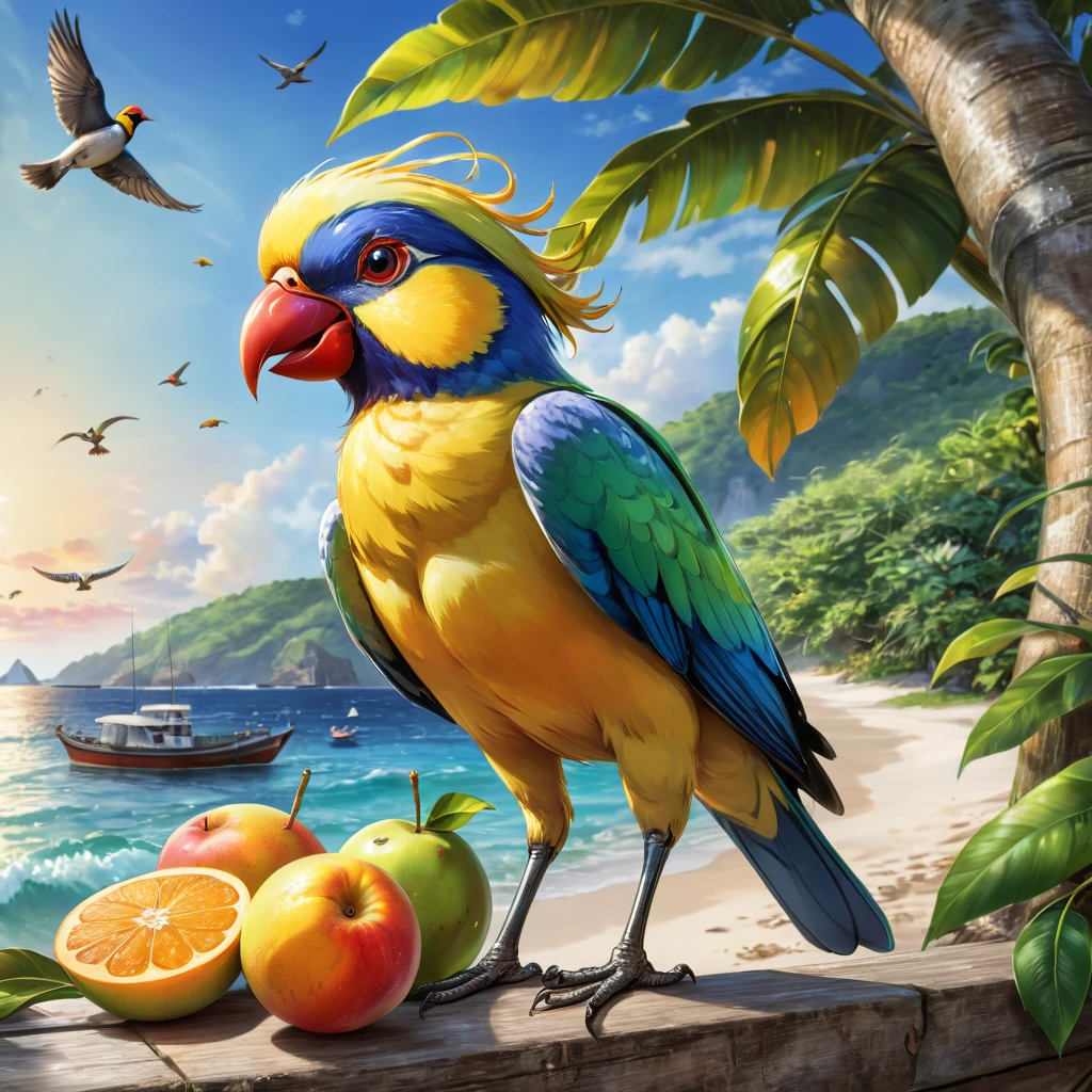 8k HDR High resolution Top quality Beautiful depiction Fresh Colorful birds of the southern island Pecking fruit Seaside