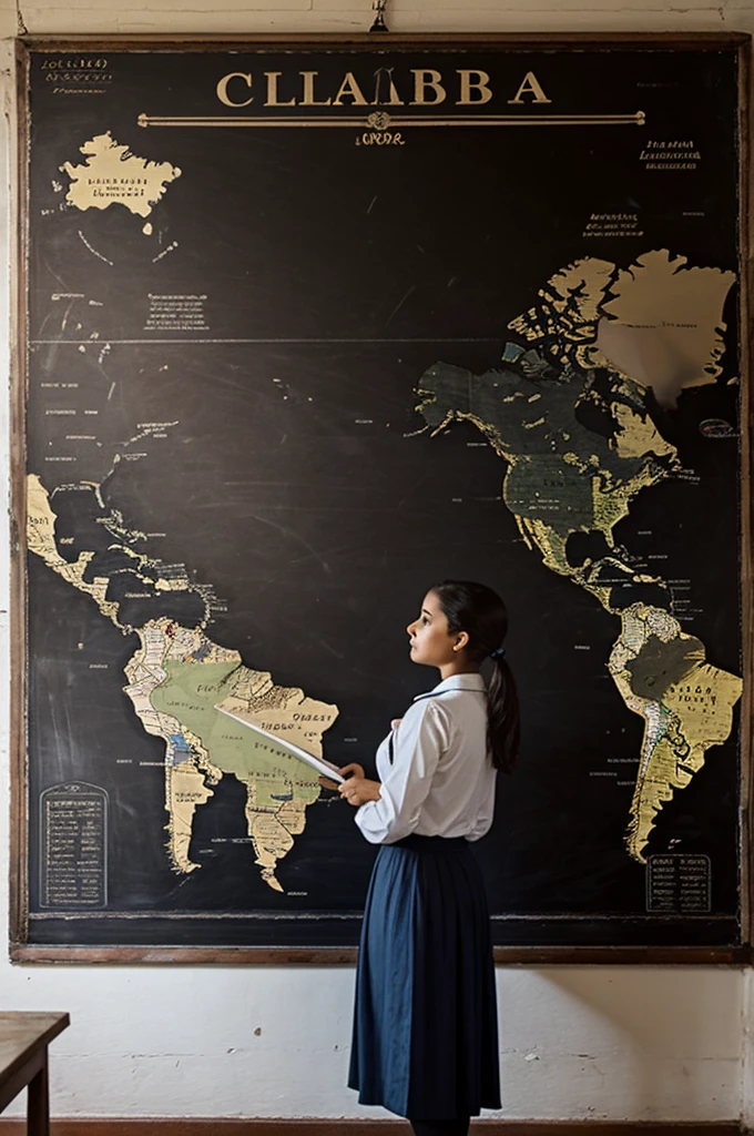 In a mid-19th century classroom. A teacher stands in front of a map of Colombia on a large blackboard. There are students of different ages listening