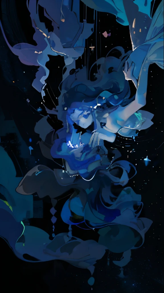 ((SFW)), (best quality,4k,8k, high res,masterpiece:1.2), ((masterpiece)), (((best quality))), slightly muted colors, hair color, hairstyle fax, eyes, clouds, flowy hair, stars in hair, adult, starry eyes, sea, ocean, celestial, hairstyle fax, deity, muted blue hair, sky-like hair with stars, ocean hair, soft smile, (({comforting aura})) (((abstract:0.5, melting elements from the painting, ghostly, transparent))), angels, luminous, bright character, ghostly luminous character, siren, mesmerizing siren, ((2 figures, one dark figure and one light figure mesmerizingly together in the most ethereal romantic artwork))