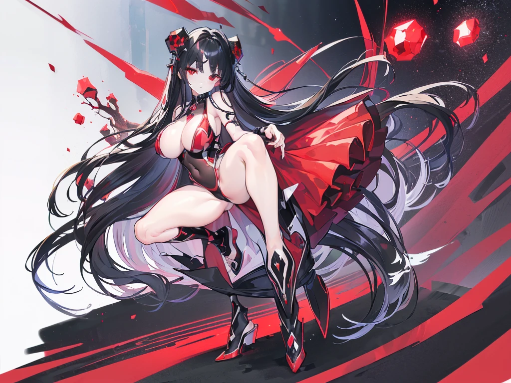 (Exquisite eyes),(Clear and beautiful eyes:1.61),masterpiece, ung girl,(Black clothes and some red gems), Black long hair, (She has a huge red gem on her chest), Good Hand,((The Havoc of StarCraft)),full-body shot,Fighting Stance,(Red Eyes:1.466),short and small,(Very big breasts:1.35),(Pretty Face),(full-body shot:1.33),Beautiful hands
