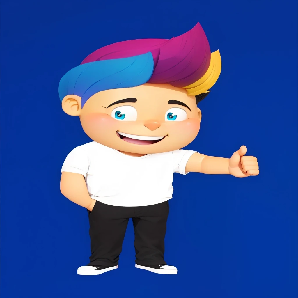 good-great,3d, high qualiy, 1,young man smiling, Big eyes, blonde, hair blue, Pink, yellow and black, white shirt, fully body, positive sign, hand in pocket disney pixar style