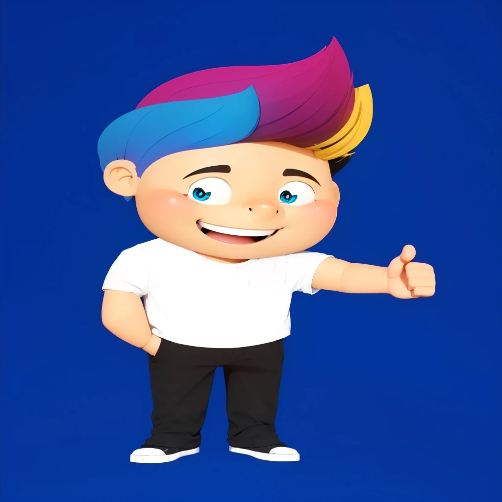 good-great,3d, high qualiy, 1,young man smiling, Big eyes, blonde, hair blue, Pink, yellow and black, white  shirt, fully body, positive sign, hand in pocket disney pixar style