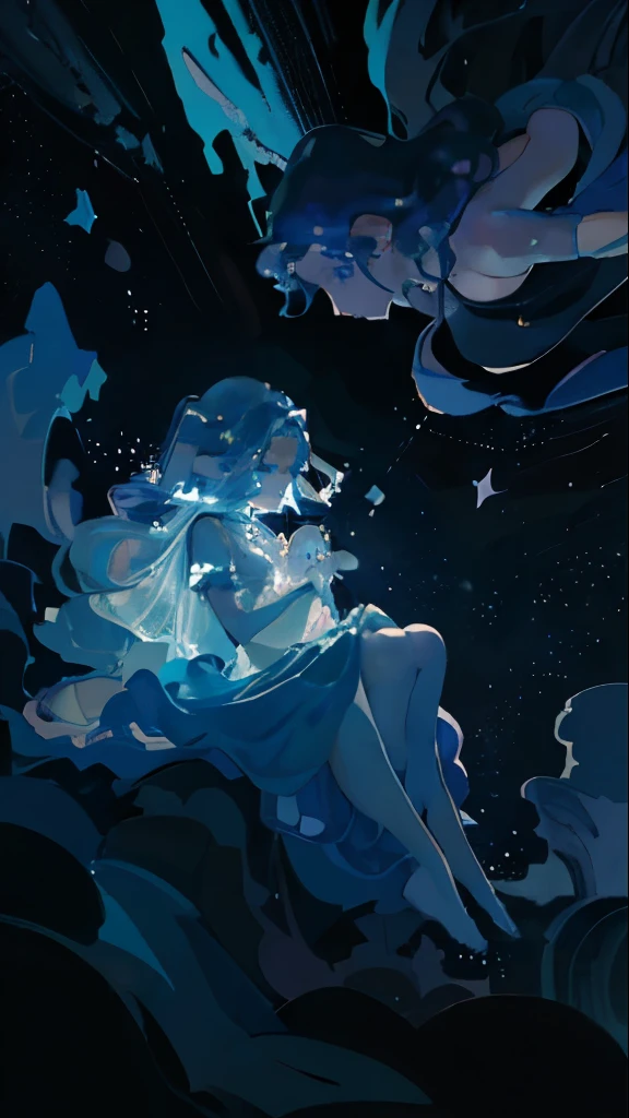 ((SFW)), (best quality,4k,8k, high res,masterpiece:1.2), ((masterpiece)), (((best quality))), slightly muted colors, hair color, hairstyle fax, eyes, clouds, flowy hair, stars in hair, adult, starry eyes, sea, ocean, celestial, hairstyle fax, deity, muted blue hair, sky-like hair with stars, ocean hair, soft smile, (({comforting aura})) (((abstract:0.5, melting elements from the painting, ghostly, transparent))), angels, luminous, bright character, ghostly luminous character, siren, mesmerizing siren, ((2 figures, one dark figure and one light figure mesmerizingly together in the most ethereal romantic artwork))
