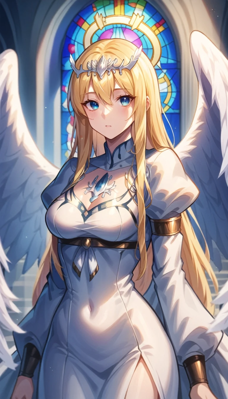 score_9, score_8_up, score_7_up, indoor, in the cathdral, in very big church, day light, stained glass,
BREAK
source_anime
BREAK
1girl, solo, Calca, Calca Bessarez, blonde hair, (extremely long hair1.5), very long hair, white tiara, white dress, blue eyes, medium chest,extremely long hair, blunt bang, bang, angel wings, very large angel wings, light halo, slim body