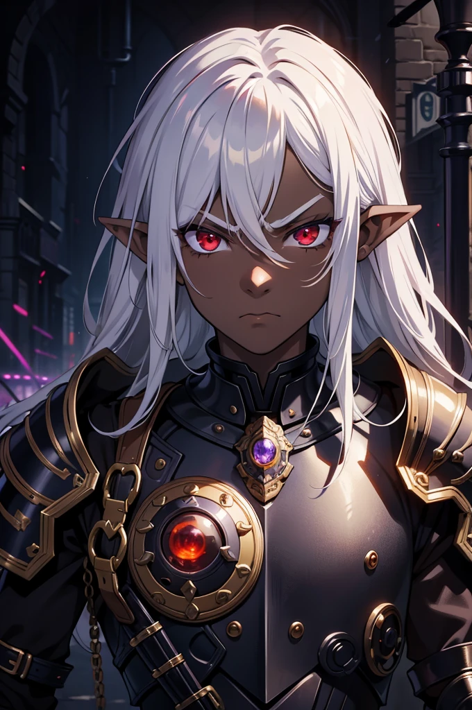 masterpiece, best quality, 8k, ultra high res, dark theme, 1boy, male, (dungeonpunk armor), (mechanical steampunk armor), (wearing armor), fantasy illustration, dark skinned, human, upper body, portrait, red eyes, perfect eyes, long white hair, half-drow, pointy ears, serious face, young man, dramatic lighting, purple hue, art by Kinema Citrus